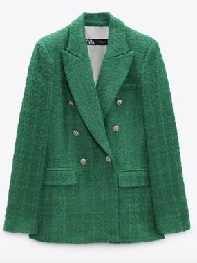 ZARA Green Tweed Jacket Tailored Blazer Women’s Small Blogger Favorite NWT
